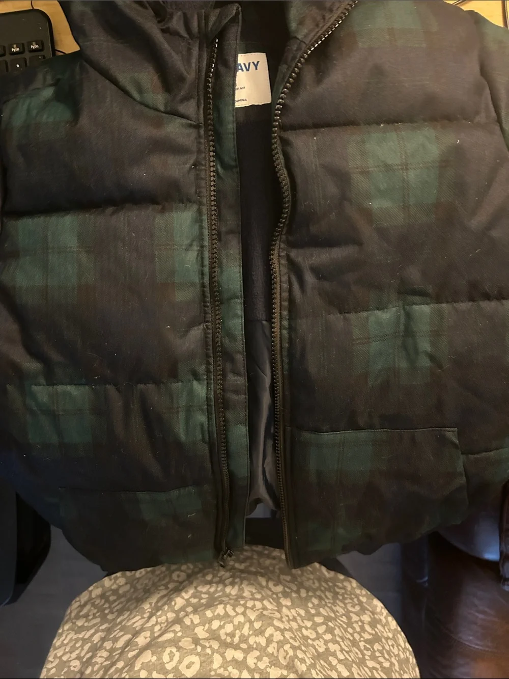 Old Navy Kids Hooded Plaid Puffer Jacket in Green and Navy